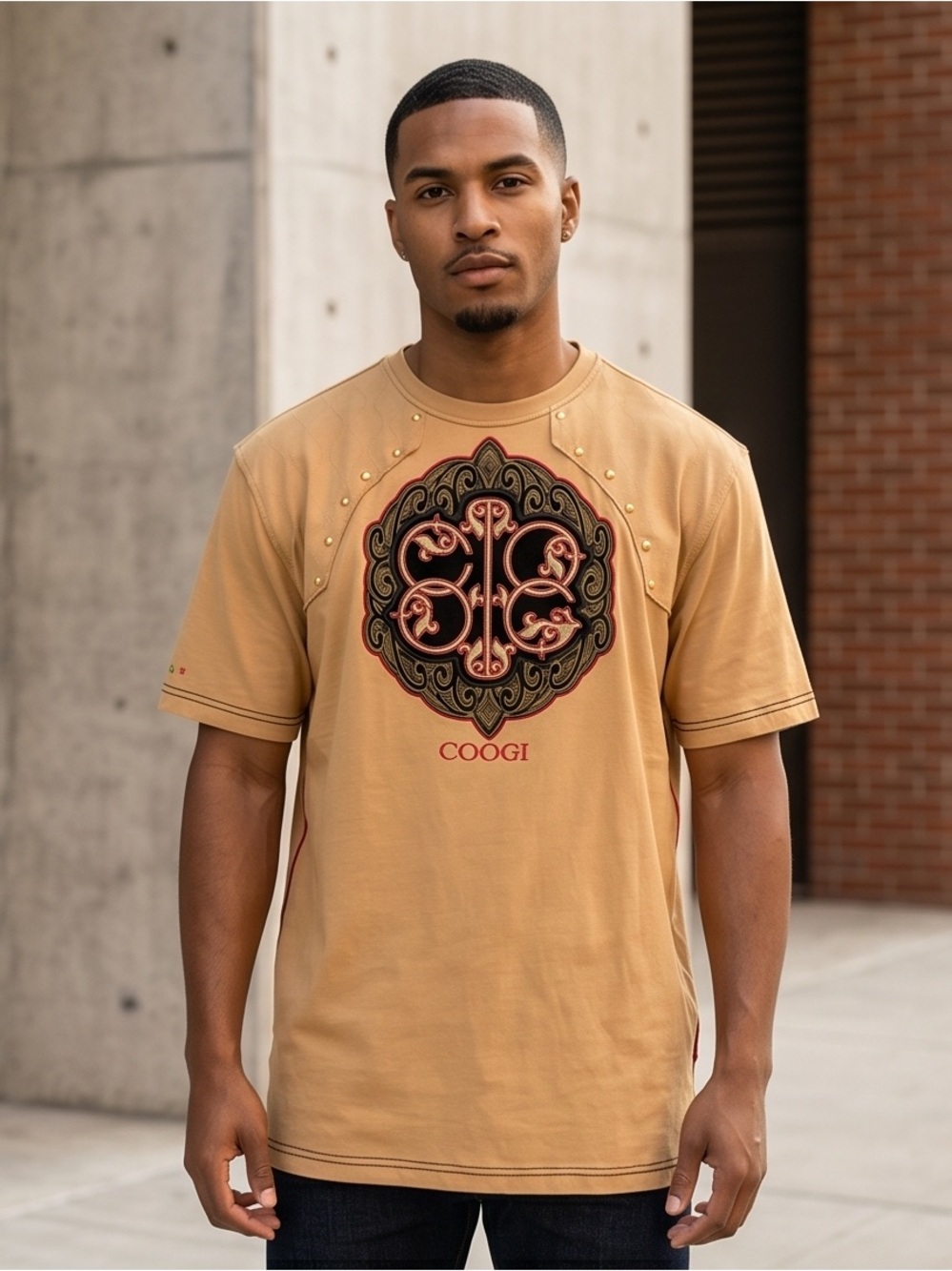 COOGI Tan Short-Sleeve Shirt with Embroidered Medallion